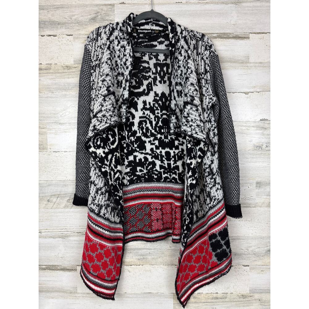Desigual by Christian Lacroix Womens S Gray Red Open Front Cardigan Sweater
